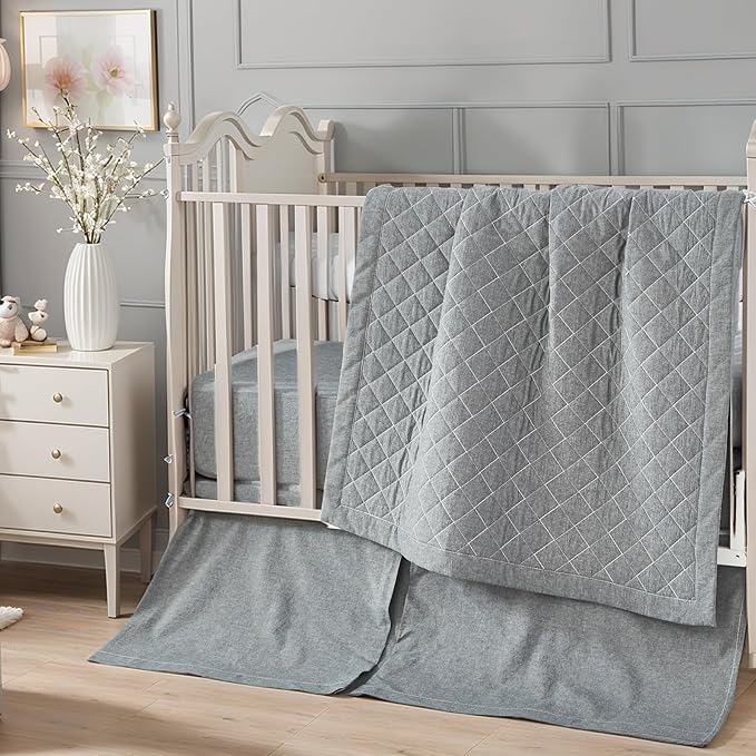 Brandream Gender Neutral Boho Bohemian Farmhouse Chic Baby Crib Bedding Set 100% Washed Cotton Like Linen Supersoft Classic Quilted Plaid Design Nursery Collection (Grey, 6-Piece)-CubbioJoy