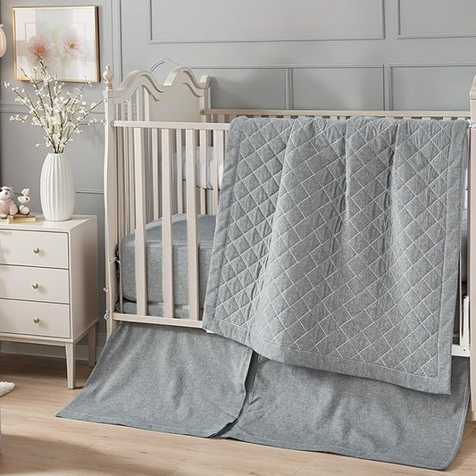 Brandream Gender Neutral Boho Bohemian Farmhouse Chic Baby Crib Bedding Set 100% Washed Cotton Like Linen Supersoft Classic Quilted Plaid Design Nursery Collection (Grey, 6-Piece)-CubbioJoy