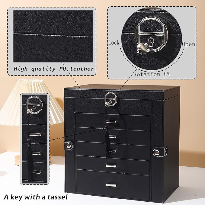 BOOVO Jewelry Box For women, 6 Layer Large Jewelry Organizer With Mirror, Multi-Function Storage Box With Lock, Accessory Holder With 5 Drawers, For Earrings Necklace Ring Bracelet (Black)-CubbioJoy