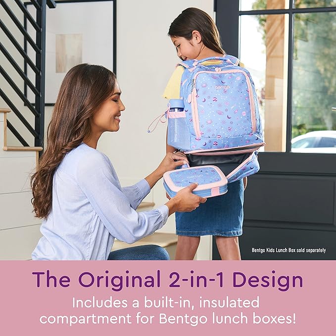Bentgo Kids 2-in-1 Backpack & Insulated Lunch Bag - Durable 16” Backpack & Lunch Container in Unique Prints for School & Travel - Water Resistant, Padded & Large Compartments (Lavender Galaxy)-CubbioJoy