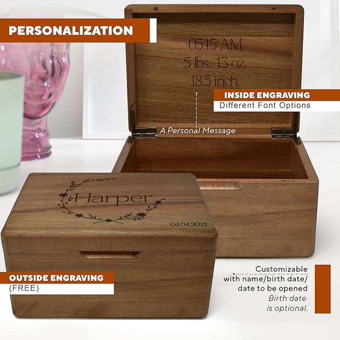 Custom Baby Memory Box for Kids- 1st Birthday Keepsake Gifts for Babies, Engraved First Birthday Memory Time Capsule Box with Hinged Lid, Unique Shower Baby Gift, Memento Chest Memorabilia, 8x6x4 in-CubbioJoy