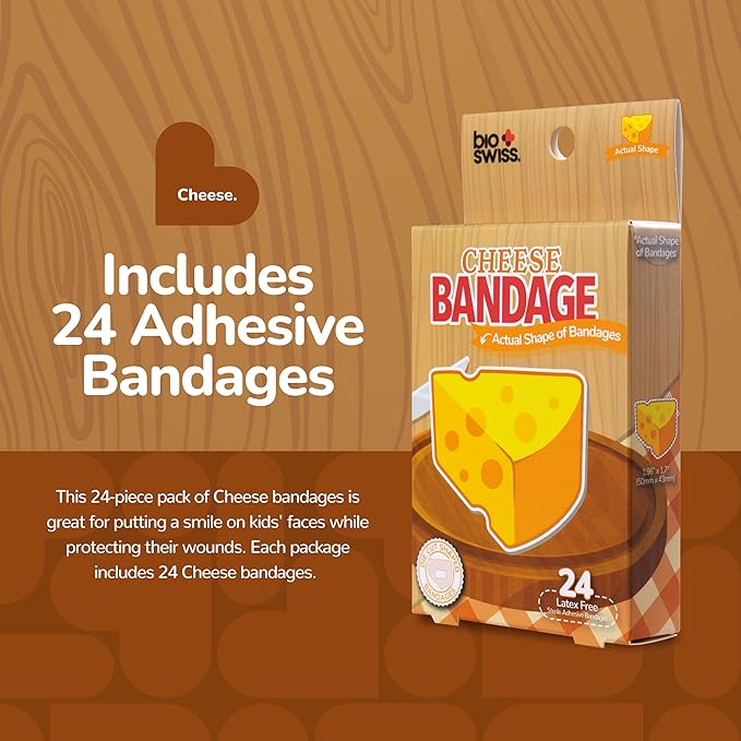 BioSwiss Bandages, Cheese Shaped Self Adhesive Bandage, Latex Free Wound Care, Fun First Aid Kit Supplies for Kids and Adults, 24 Count-CubbioJoy