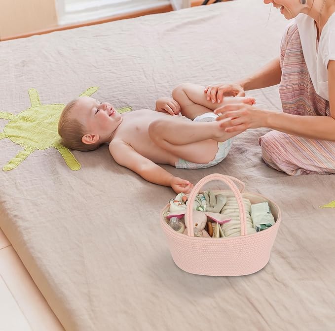 Diaper Caddy Organizer Cotton Rope Baby Basket Nursery Storage and Portable Tote Bag for Car Ideal Baby Shower Gifts and Registry Must-Have for Newborn Essentials large coral pink-CubbioJoy