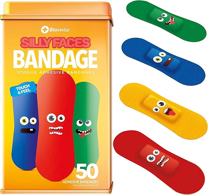 BioSwiss Bandages, Silly Faces Shaped Self Adhesive Bandage, Latex Free Sterile Wound Care, Fun First Aid Kit Supplies for Kids, 50 Count-CubbioJoy