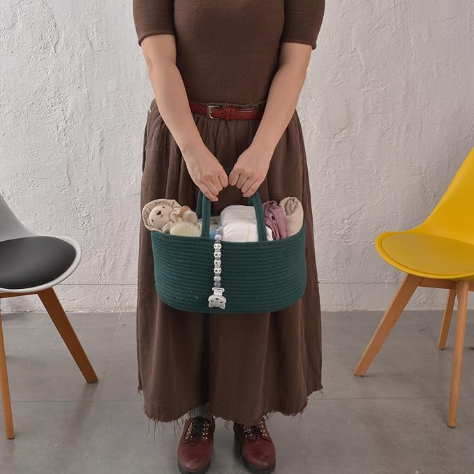 Baby Diaper Caddy Organizer for Girl Boy Rope Nursery Storage Bin Basket Portable Holder Tote Bag for Changing Table Car Travel Baby Shower Gifts Newborn Essentials Registry Must Have Items Dark Green-CubbioJoy