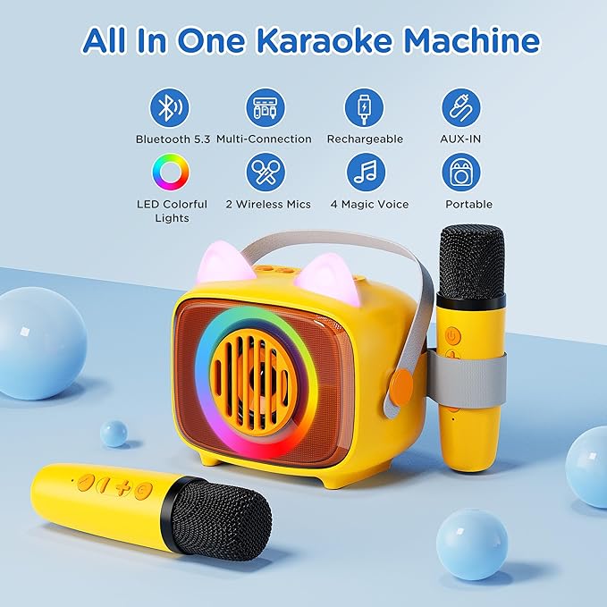 BIGASUO Karaoke Machine for Kids, Mini Portable Bluetooth Speaker with 2 Wireless Microphones and LED Lights, Kids Toys Ideal Gifts for Girls & Boys Birthday Home Party Yellow-2Pack-CubbioJoy