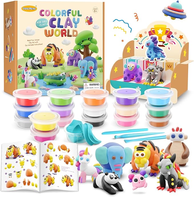 Drama Planet Air Dry Clay Kit for Kids - Comes with Instructional Guide Featuring 4 Scenes & 26 Projects Tutorials, 18 Cans of Modeling Clay, Includes Display Stand, Gift for Girls and Boys-CubbioJoy