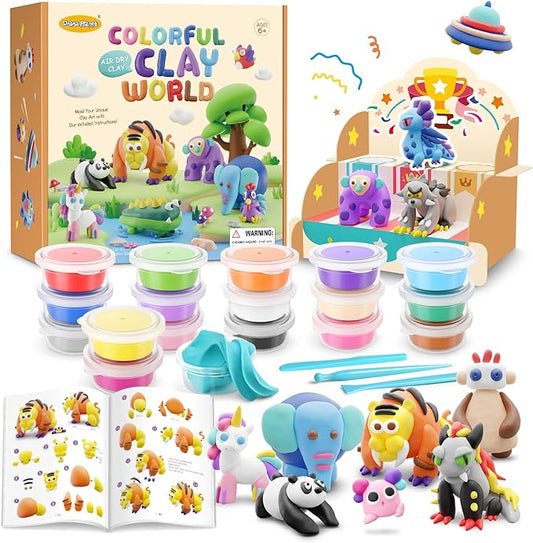 Drama Planet Air Dry Clay Kit for Kids - Comes with Instructional Guide Featuring 4 Scenes & 26 Projects Tutorials, 18 Cans of Modeling Clay, Includes Display Stand, Gift for Girls and Boys-CubbioJoy