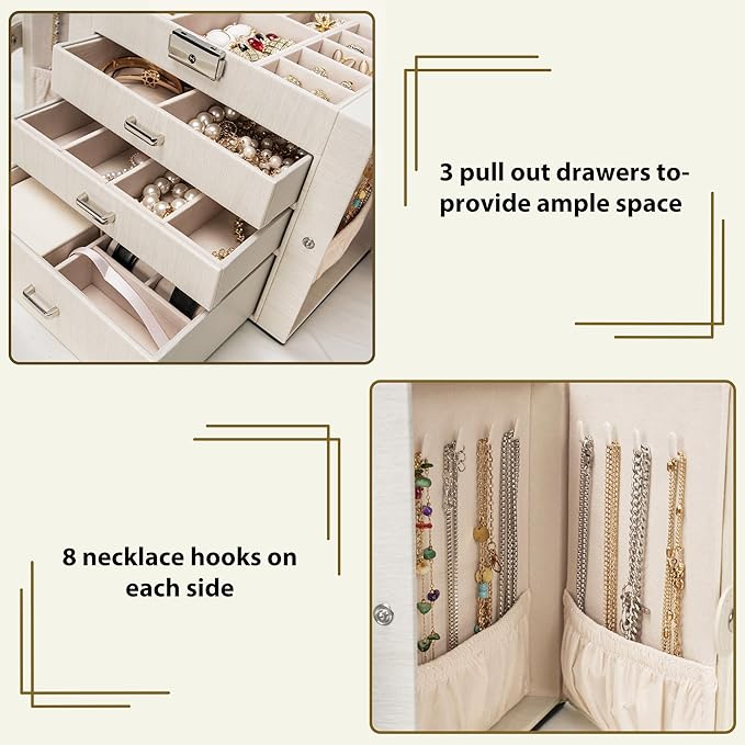AKOZLIN 4-Tier Jewelry Box Lockable Leather Jewelry Storage Case Organizer with 3 Drawers for Women Girls Ring Necklace Earring Bracelet Watches Holder with Mirror-CubbioJoy