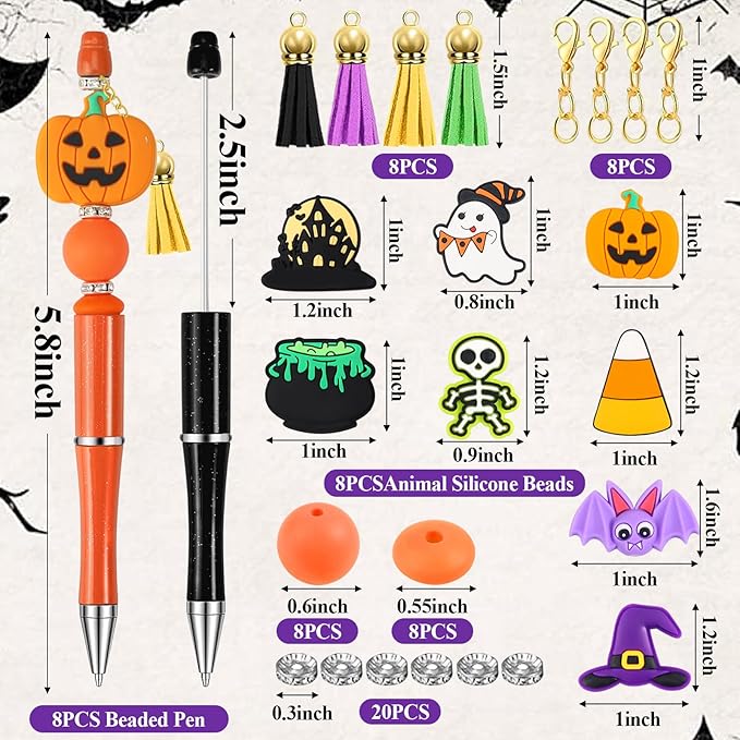 CZWZ Halloween Beadable Pens, Plastic Beadable Pens with 8 Pcs Multicolor Silicone Beads, Halloween Pumpkin Bat Skull Ghost Witch Hat Pens for Halloween Gifts Office Supplies-CubbioJoy