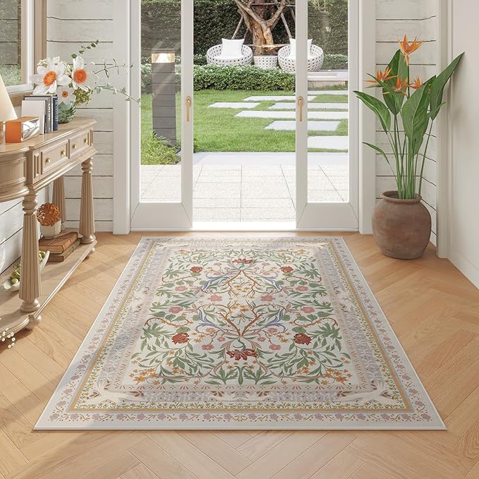 Bedroom Rug 3x5 Rug Washable Area Rug Non Slip Low Pile Vintage Floral Botanical Small Carpet for Bedroom, Bedside, Kitchen, Entryway, Kids Room, Office, Beige-CubbioJoy