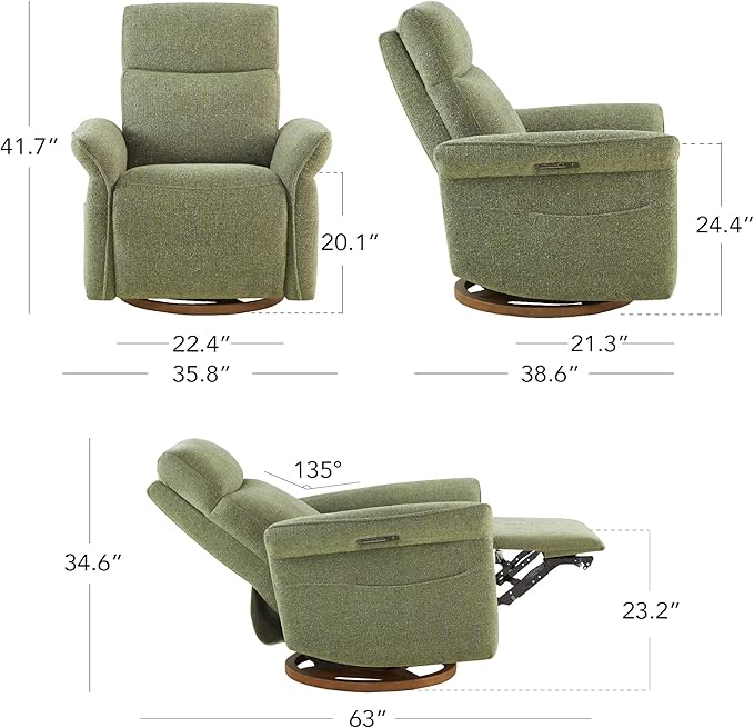 CHITA Power Recliner Chair, Electric Triple-Motor Swivel Glider Nursery Rocking Chair with Adjustable Power Headrest and Lumbar Support, GREENGARD Gold Certified, Solid Wood Base, Forest Green-CubbioJoy