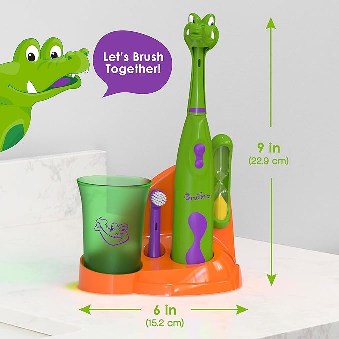 Brusheez Kids’ Electric Toothbrush Set - Safe & Effective for Ages 3+ - Parent Tested & Approved with Gentle Bristles, 2 Brush Heads, Rinse Cup, 2-Minute Timer, & Storage Base (Snappy The Croc)-CubbioJoy
