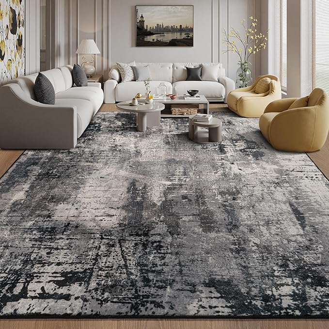 Kelarea Living Room Rug, 6x9 Area Rug Modern Abstract Washable Rugs, Black Non Slip Low Pile Carpet, Stain Resistant Large Rugs for Bedroom, Dining Room, College Dorm, Home Office-CubbioJoy