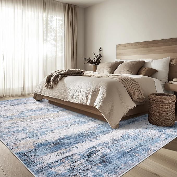 8x10 Area Rug Living Room Rugs - Washable Rug Large Modern Abstract Soft Thin Carpets Indoor Floor No Slip Vintage Carpet for Bedroom Under Dining Table Nursery Home Office Decor Blue-CubbioJoy