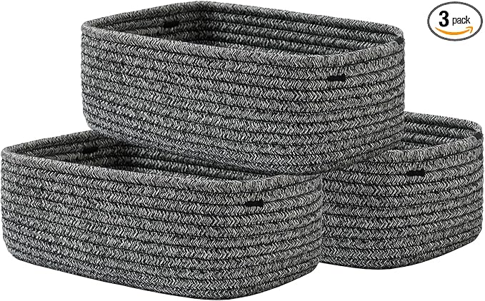 KALLAX Small Woven Basket, 12 x 8 x 4.5 Inches, Storage Basket for Organizing, Cute Small Rope Shelf Closet Cube Storage Bins Baskets for Shelves, Dog Toy Gift Baskets Empty, 3 Pack Mixed Black-CubbioJoy