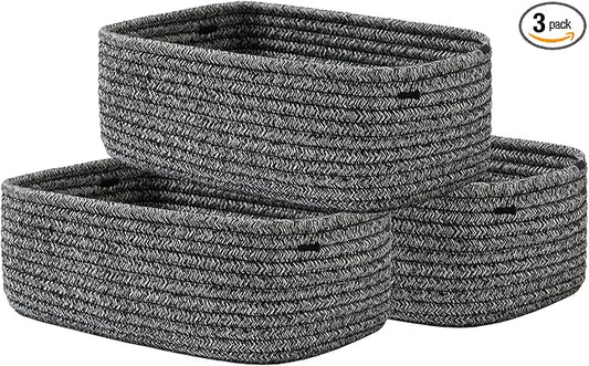 KALLAX Small Woven Basket, 12 x 8 x 4.5 Inches, Storage Basket for Organizing, Cute Small Rope Shelf Closet Cube Storage Bins Baskets for Shelves, Dog Toy Gift Baskets Empty, 3 Pack Mixed Black-CubbioJoy