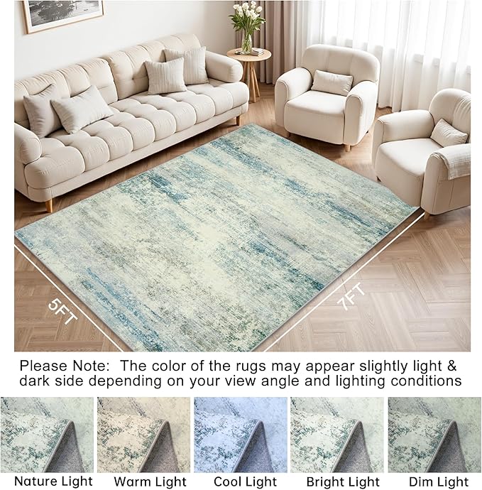5x7 Area Rugs for Lliving Room Bedroom, Abstract Washable Rugs with Non-Slip Backing, Stain Resistant Thin Carpet for Dorm Dining Room Table Nursery Indoor Home Office-Blue/Gray-CubbioJoy