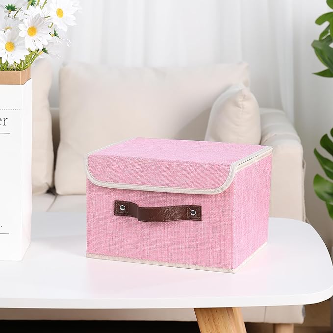 ANMINY 4PCS Storage Bins with Lid PU Leather Handles Storage Boxes PP Plastic Board Decorative Foldable Lidded Cotton Linen Fabric Home Cubes Baskets Closet Organizer Containers - Pink, Small Size-CubbioJoy