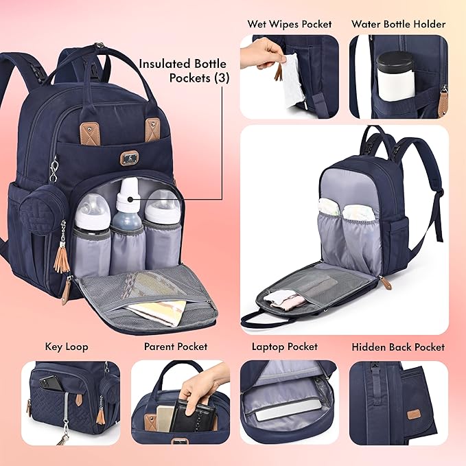 Dikaslon Diaper Bag Backpack with Portable Changing Pad, Pacifier Case and Stroller Straps, Large Unisex Baby Bags for Boys Girls, Multipurpose Travel Back Pack Moms Dads, Navy Blue-CubbioJoy