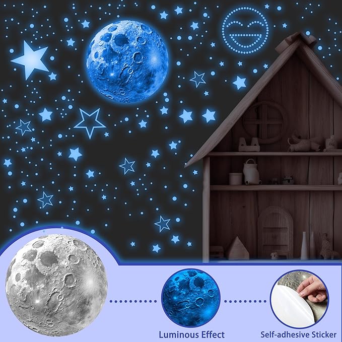 965 PCS Glow in The Dark Stars and Moon for Ceiling, Luminous Stars and Planet Wall Decals, Kids Room Decor, Glowing Galaxy Wall Stickers for Nursery Decorations (Blue)-CubbioJoy