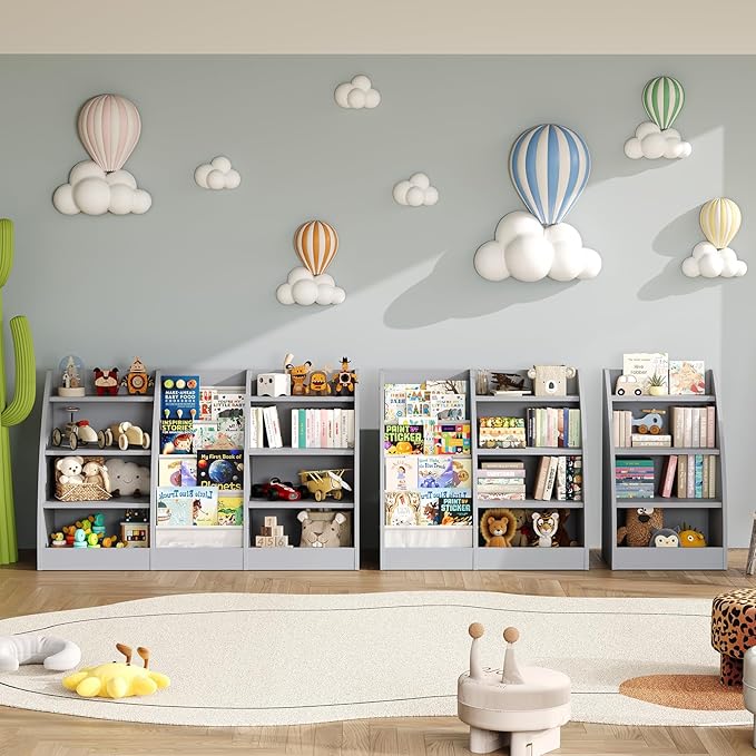 4 Tier Kids Bookshelf,4 Layer Sling Kids Book Shelf for Kids Rooms,Wood Children Bookcase,Baby Storage Book Rack,Toddler Bookshelf, Book and Toy Organizer,Book Display Shelf for Bedroom, Nursery-CubbioJoy