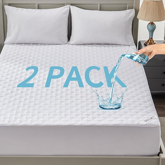 2 Pack Waterproof Mattress Protector, Queen Size Noiseless Mattress Pad with Deep Pocket Fitted Up to 6-18 inches, Soft Noiseless Bed Mattress Cover Washable for Home, Bedroom, Hotel-CubbioJoy