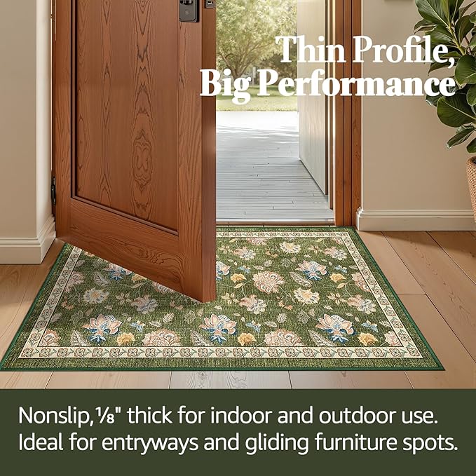 jinchan 2x3 Floral Rug for Entryway Washable Kitchen Rug Vintage Romance Design Small Mat Non Slip Indoor Doormat Lightweight Low-Profile Throw Carpet for Entrance Bathroom Laundry Room, Green-CubbioJoy