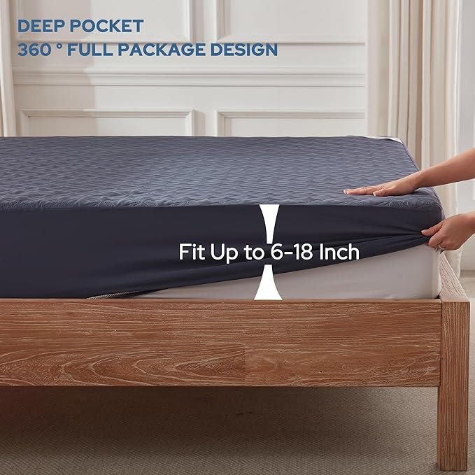 2 Pack Waterproof Mattress Protector, King Size Mattress Pad with Deep Pocket 6"-18" Depth, Soft Breathable Dirt-Proof Single Bed Mattress Cover for Bedroom, Dorm Room (Navy Blue)-CubbioJoy
