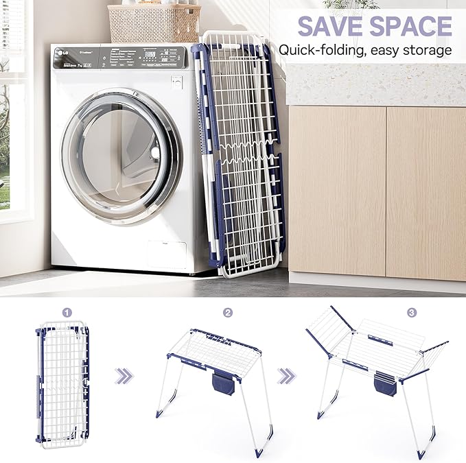 APEXCHASER Clothes Drying Rack Foldable, Drying Rack Clothing Large Space, Winged Laundry Rack with Sock Clips for Hanging Towels Clothes Dress Bedding Indoor Outdoor, White-CubbioJoy