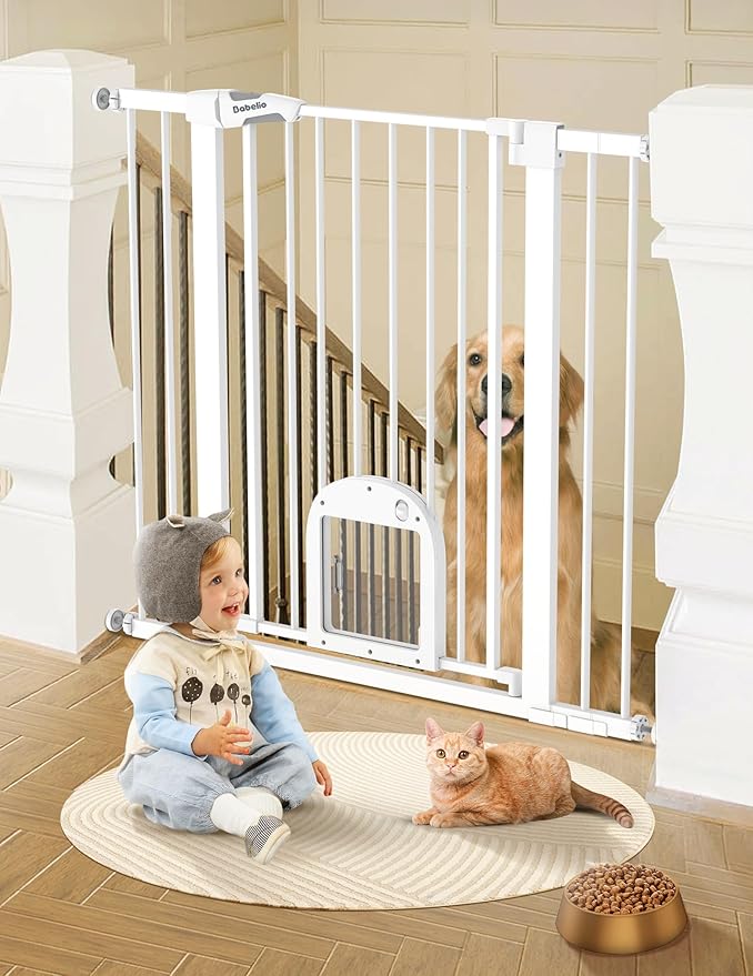 Babelio 36" Tall Upgraded Baby Gate with Cat Door, 29-43" Auto Close Durable Dog Gate for Stairs, Doorways and House, Easy Walk Thru Safety Gate with Pet Door Includes 4 Wall Cups, White-CubbioJoy