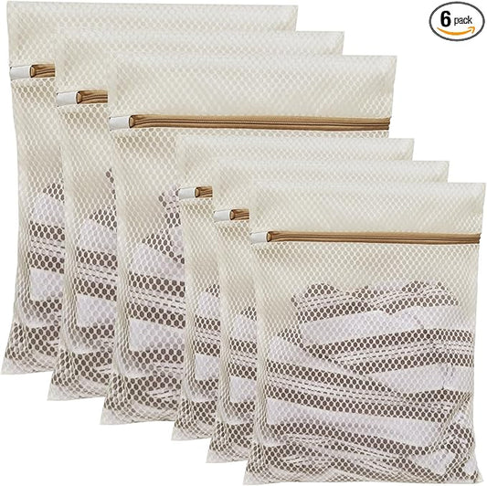 6 Pack Laundry Bag, Durable Honeycomb Mesh Laundry Bags Suitable for Delicate Clothes Washing (3 Large, 3 Medium) Beige-CubbioJoy
