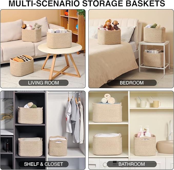 Decorative Storage Baskets for Organizing Shelves, Toy Basket for Nursery, Woven Cotton Rope Baskets for Decor, Towel Basket for Bathroom, 15"x11"x9.5", 3 Packs, Brown-CubbioJoy
