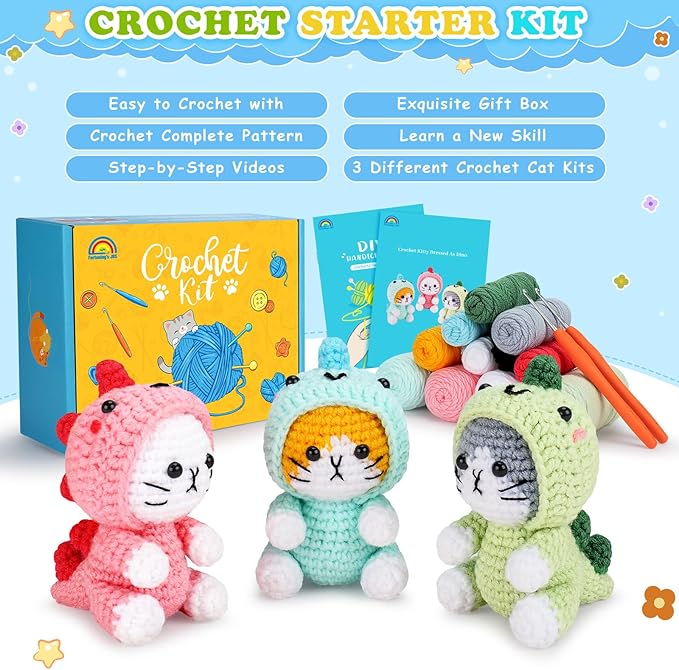 Crochet Kit for Beginners - 3 PCS Dinosaur Cat Crochet Kits with Step-by-Step Video Tutorials, Beginner Crochet Kit for Adults Kid, Crochet Animal Kit for Starters, Cat Dressed as Dinosaur Crochet Set-CubbioJoy