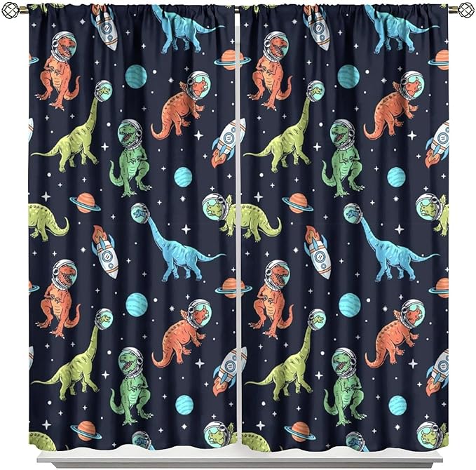 Cartoon Dinosaur Curtains for Kids Boys Girls Home Decor, Astronaut Rocket Funny Outer Space Blackout Rod Pocket Window Drapes for Bedroom Living Room W36xL63in 2 Panels-CubbioJoy