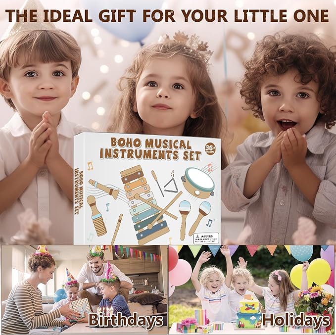 Baby Musical Instruments | Montessori Wooden Toys for Toddlers, Neutral Color Percussion Instruments Set with Modern Boho Xylophone Tambourine, Educational Musical Toys for Boys Girls 3+-CubbioJoy