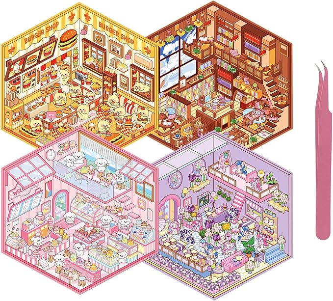 4 Sets DIY 3D House Sticker Make Your Own Mini Flower Shop, Bookstore, Cake Shop, Burger Shop Scenes Stickers for Kids Cartoon Scene Stickers for Adult Relief Stress Pass The Time-CubbioJoy
