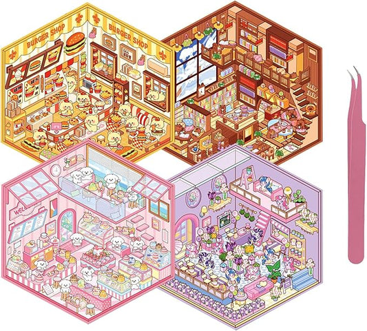 4 Sets DIY 3D House Sticker Make Your Own Mini Flower Shop, Bookstore, Cake Shop, Burger Shop Scenes Stickers for Kids Cartoon Scene Stickers for Adult Relief Stress Pass The Time-CubbioJoy