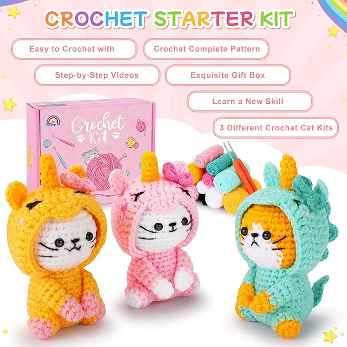 Crochet Kit for Beginners - 3 PCS Unicorn Cat Crochet Kits with Step-by-Step Video Tutorials, Beginner Crochet Kit for Adults Kid, Crochet Animal Kit for Starters, Cat Dressed as Unicorn Set-CubbioJoy