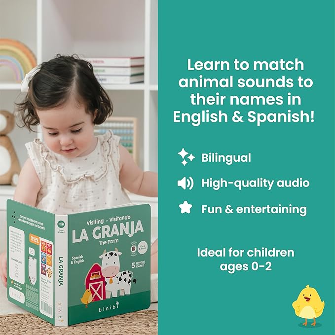 Binibi Spanish Books for Babies & Toddlers 1-3 La Granja Interactive Bilingual Sound Book with Farm Animal Sounds | Bilingual Children's Book | Spanish Learning for Kids | Libro en español para bebés-CubbioJoy