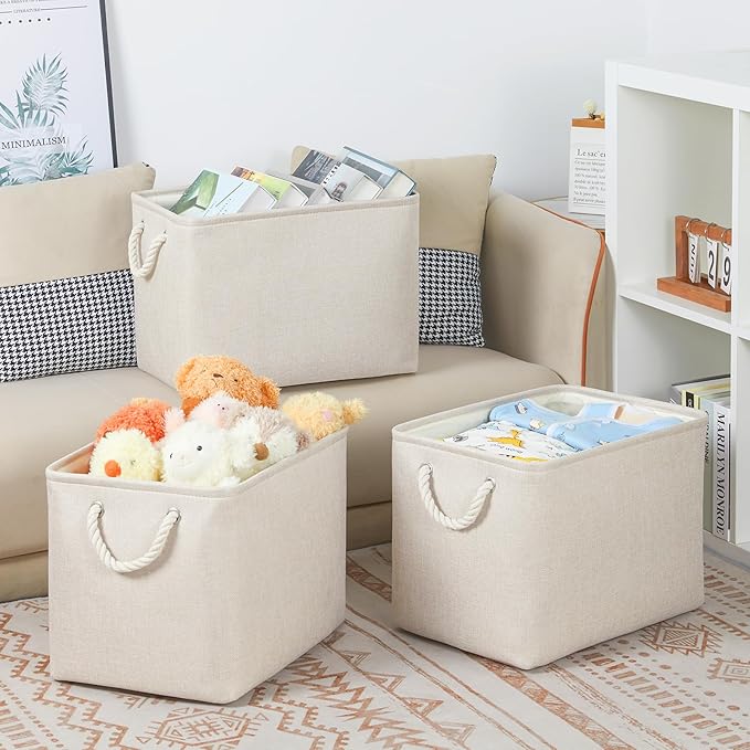 Bidtakay Large Storage Baskets for Shelves 3 Pack Fabric Storage Bins for Organizing Linen Collapsible Organizer for Closet-Light Biege-CubbioJoy