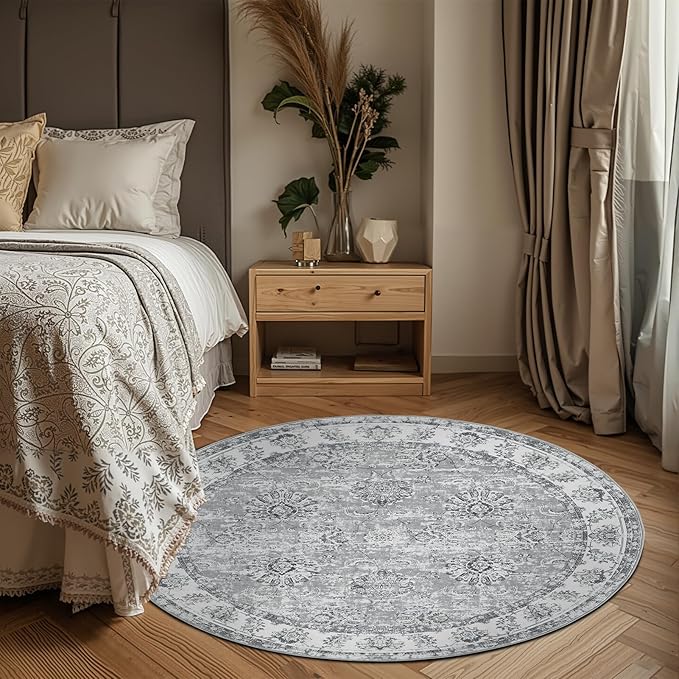 jinchan Round Rug 5ft Area Rug - Indoor Vintage Hallway Circle 5' Washable - Ultra-Thin Low Pile Soft Small Non Slip Distressed Floral Print for Living Room Dining Room Bedroom Entryway Grey-CubbioJoy