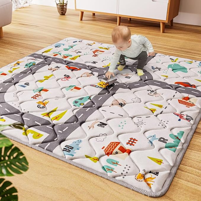 Car Portable Baby Play Mat 50x50 Playpen Mat Upgraded Thicken Baby Floor Play Mat Non-Slip Cushioned Crawling Mat Waterproof Activity Playmats for Babies Toddlers Infants (50x50, Letter Car)-CubbioJoy