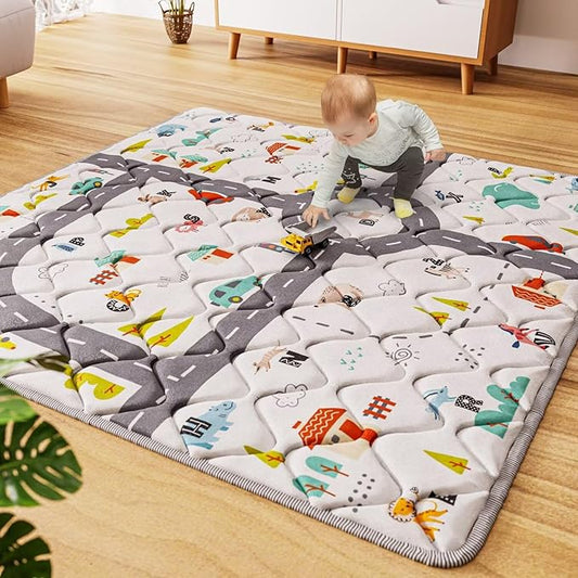 Car Portable Baby Play Mat 50x50 Playpen Mat Upgraded Thicken Baby Floor Play Mat Non-Slip Cushioned Crawling Mat Waterproof Activity Playmats for Babies Toddlers Infants (50x50, Letter Car)-CubbioJoy