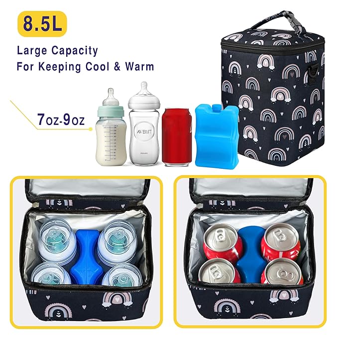 Breastmilk Cooler Bag with Ice Pack Fits 4 Baby Bottles Up to 9 Ounce Insulated Baby Bottle Bag Breast Milk Cooler on the Go with Strap Fits Medela/Dr.Brown's for Nursing Mom Daycare, Work or Travel-CubbioJoy