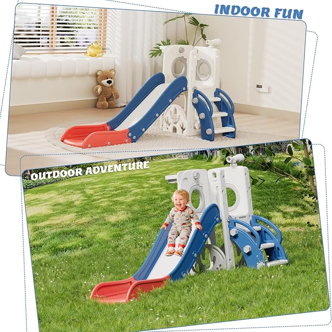67i Toddler Slide for Kids - Foldable Indoor/Outdoor Plastic Slide with Basketball Hoop, Anti-Slip Steps, Safe & Durable Playground Equipment for 1-3 Years (Red Blue)-CubbioJoy