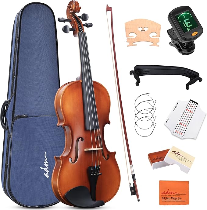 ADM 1/2 Size Wood Violin Set for Kids Teens Students Adults Beginner Acoustic Violin Matte Fiddle Starter Kit with Hard Case, Rosin, Shoulder Rest, Bow, Clip-on Tuner and Fingerboard Sticker-CubbioJoy