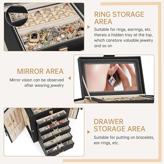 AKOZLIN 6-Tier Jewelry Box Organizer Functional 5 Drawers Leather Jewelry Storage Case for Women Girls Ring Necklace Earring Bracelet Holder Organizer with Mirror Black-CubbioJoy