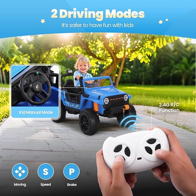 24V Kids Toddler Ride On Truck Electric Car Kids Ride On Truck Car Electric Jeep Off-Road Truck for Parent Remote Control LED Lights Music Powerful Wheels for Ages 3+(Blue)-CubbioJoy
