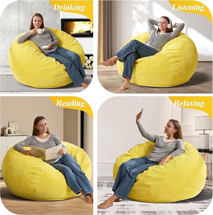 3.5FT Bean Bag Chairs Teardrop Bean Bag Chair for Adults Beanbag Chair with Memory Foam Filled Machine Washable Cover for Living Room, Bedroom (Large,Yellow)-CubbioJoy